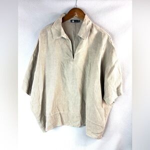 M Made in Italy S Lagenlook Linen Minimalist V-Neck Pullover Top in Beige